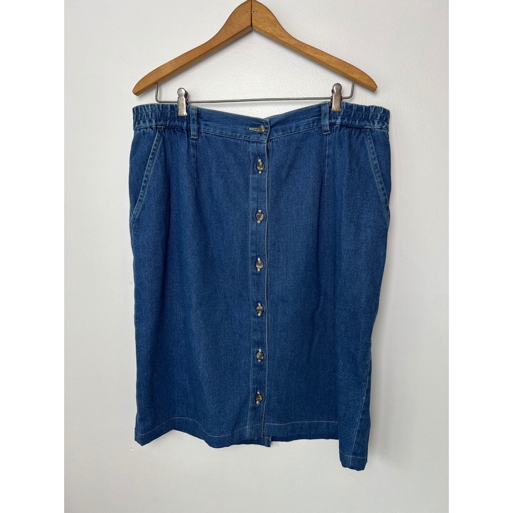 Cabin Creek Vintage Denim Midi Skirt Blue Button Front Elastic Waist Size 14